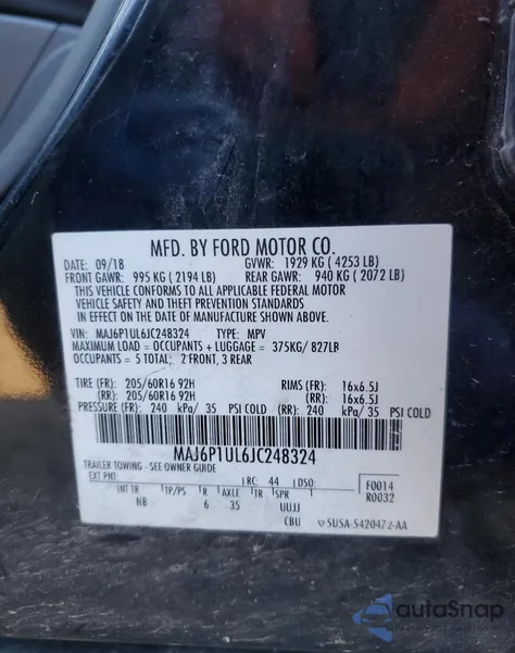 2018 Ford Ecosport Se из США, поврежденный, VIN MAJ6P1UL6JC248324